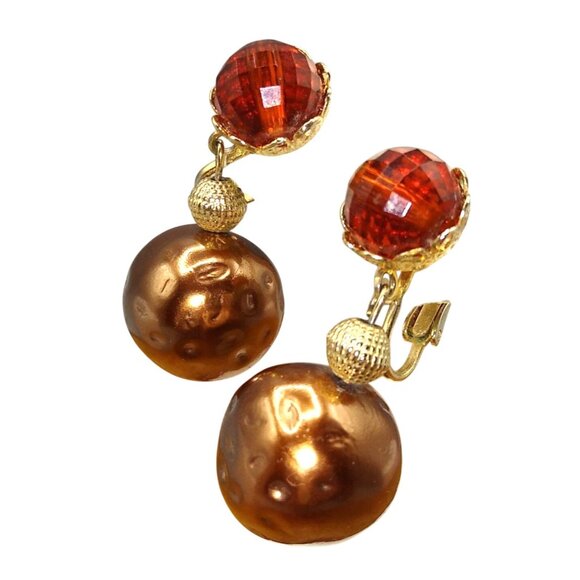 Vintage Brown Faceted Bead Dangle Earrings with Dangling Bronze Faux Baroque - Picture 3 of 3